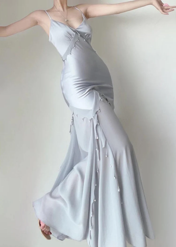Mermaid Straps Satin Silver Long Prom Dresses Party Dress SD1320
